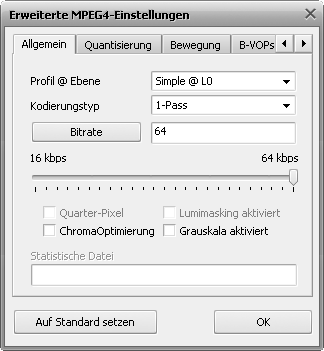Fenster mit den MPEG-4-Einstellungen