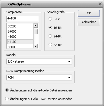 Fenster "RAW-Optionen"