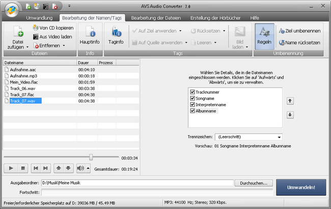 AVS Audio Converter - Umbenennung der Dateien