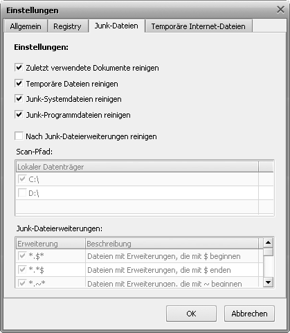 Registerkarte "Junk-Dateien"