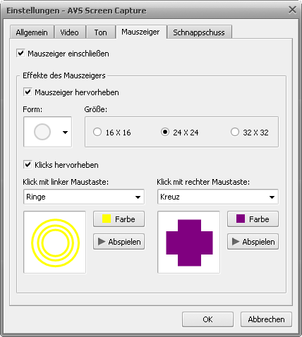 Fenster Einstellungen. Registerkarte Mauszeiger