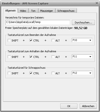 Fenster Einstellungen. Registerkarte Allgemein