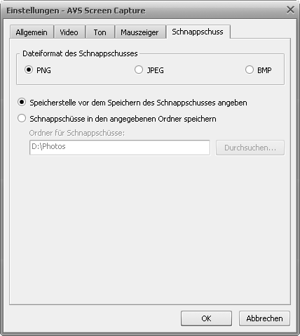 Fenster Einstellungen. Registerkarte Schnappschuss