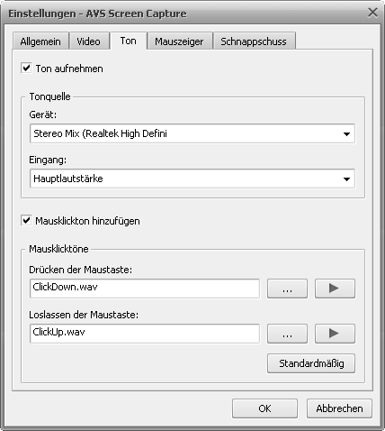 Fenster Einstellungen. Registerkarte Ton
