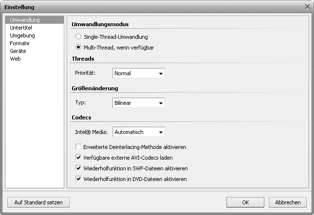 Fenster Einstellung - Registerkarte Umwandlung