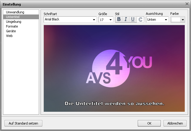 Fenster Einstellung - Registerkarte Untertitel