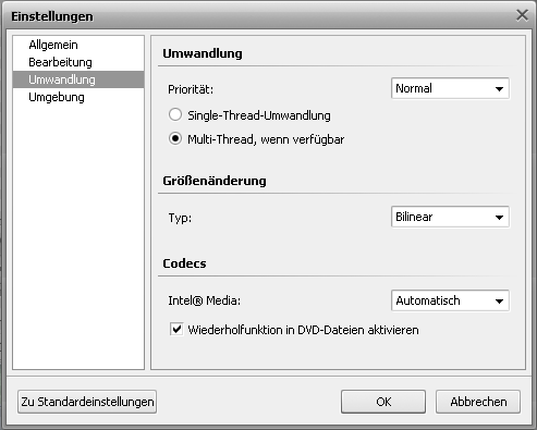 Fenster Einstellungen. Registerkarte Umwandlung