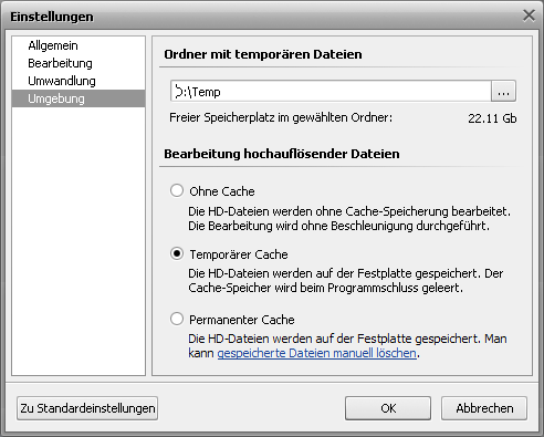 Fenster Einstellungen. Registerkarte Umgebung