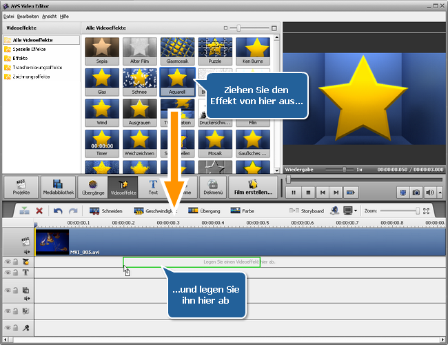 Hinzufügung der Videoeffekte zur Zeitachse
