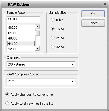 AVS Audio Converer - RAW Options window