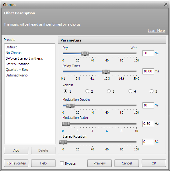 Chorus effect settings