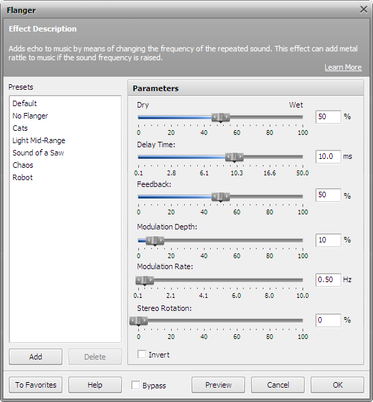 Flanger effect settings