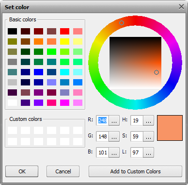 Setting parameters. Set Color window