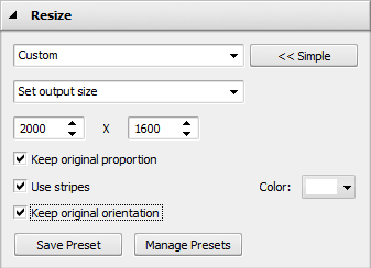 Resize Images panel: Advanced Options