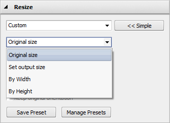 Resize Images panel: Advanced Options