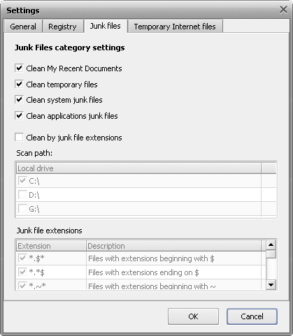 Junk Files Settings