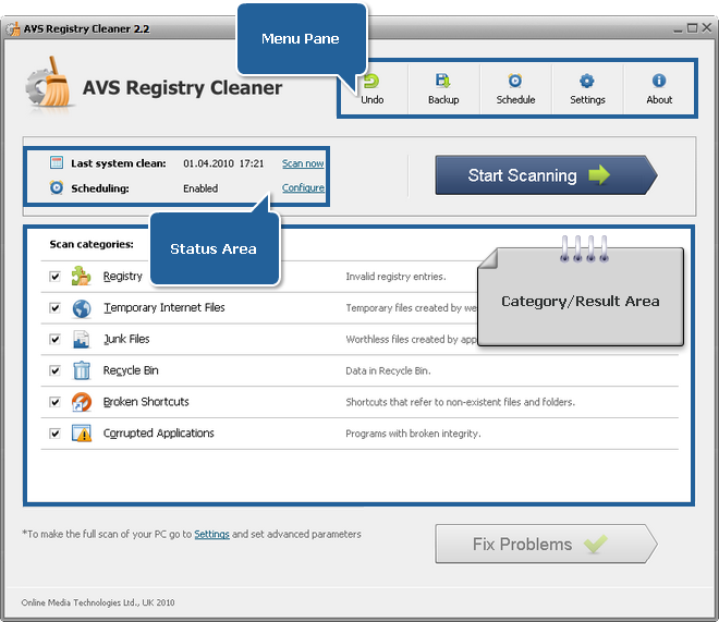 AVS Registry Cleaner Main Window