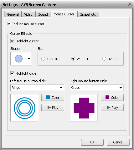 Capture settings window. Mouse cursor tab