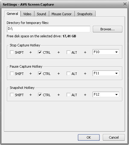 Capture settings window. General Tab