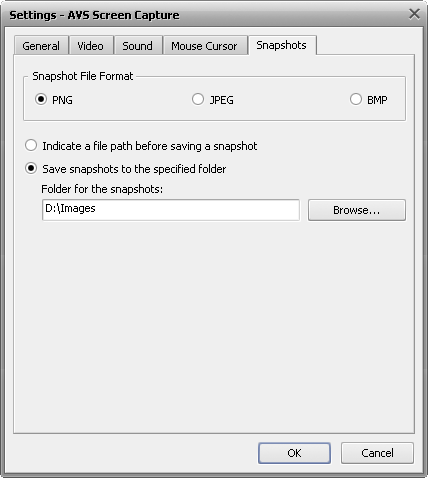 Capture settings window. Snapshots tab