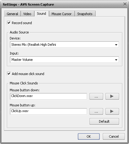 Capture settings window. Sound tab