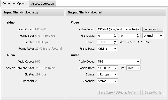 Conversion Options Tab - AVI