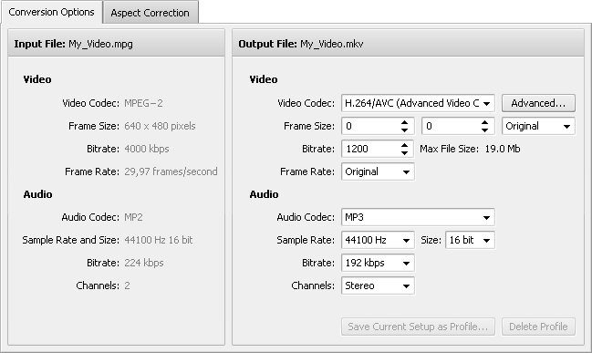 Conversion Options Tab - MKV