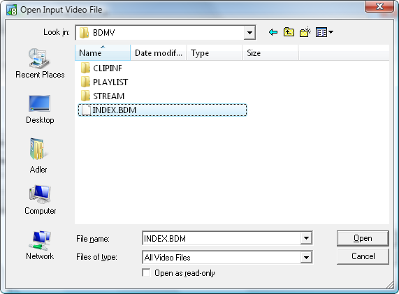 Selecting BDM video file