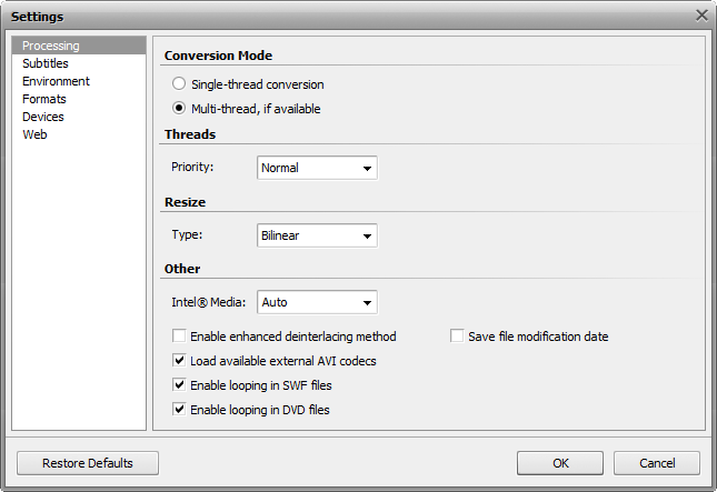 Settings window - Processing tab