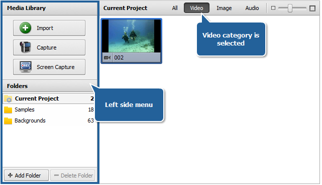 Files and Effects Area - Media Library view