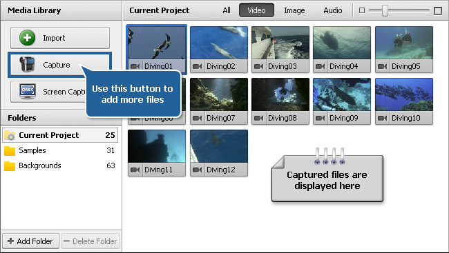 Files and Effects Area - Video files view