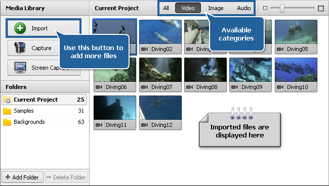 Files and Effects Area - Media Library view