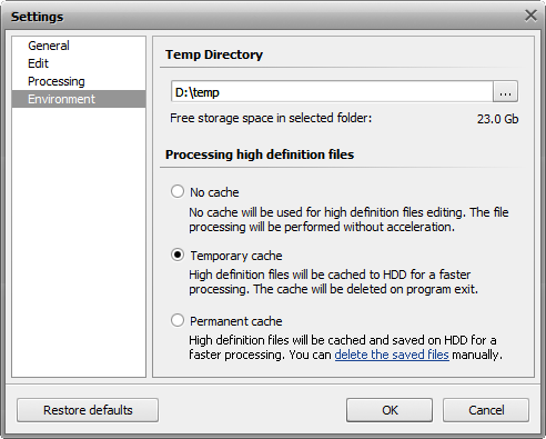 Settings window. Environment tab