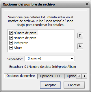 AVS Audio Converter - Ventana Opciones de nombres de archivo