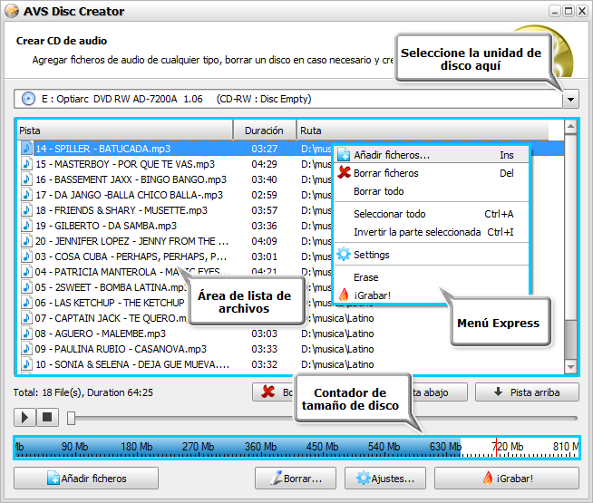 Pantalla Crear CD de audio