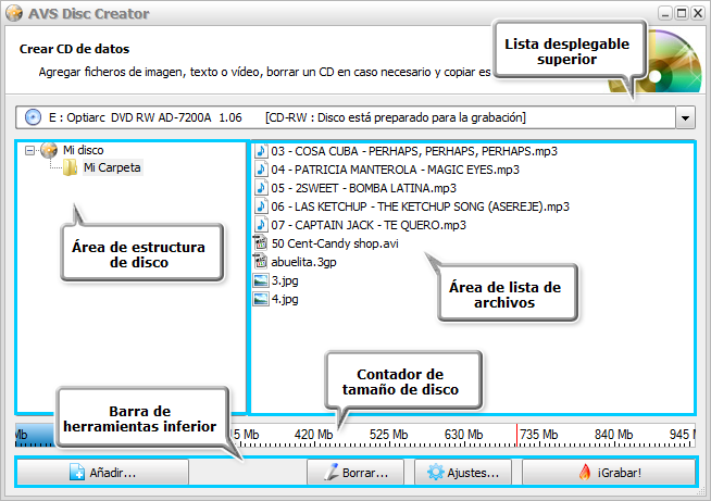 Pantalla Crear CD de datos