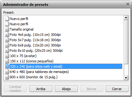 Ventana Administrador de presets