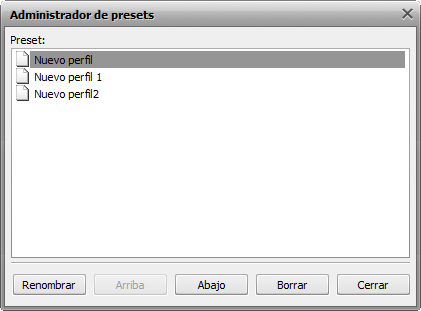 Ventana Administrador de presets