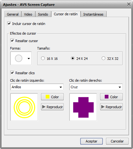 Ventana Ajustes de captura. Pestaña Cursor de ratón