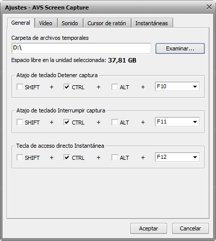 Ventana Ajustes de captura. Pestaña General