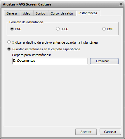 Ventana Ajustes de captura. Pestaña Instantáneas