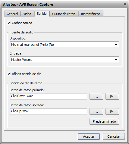 Ventana Ajustes de captura. Pestaña Sonido