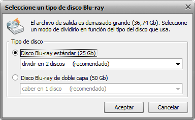 Pantalla Seleccionar tipo de disco Blu-ray