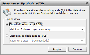 Pantalla Seleccionar tipo de disco DVD