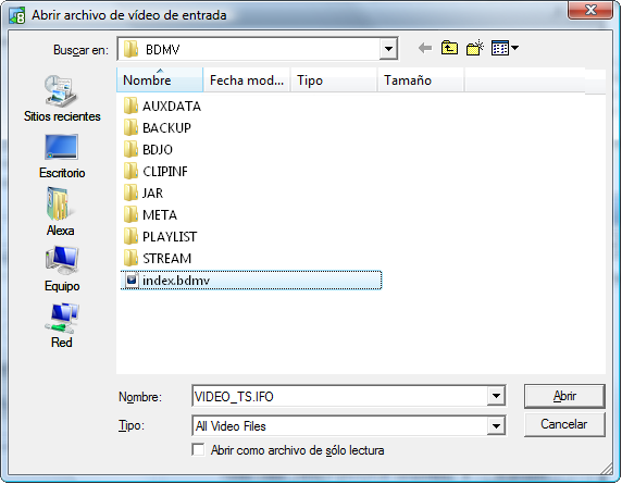 Pantalla Abrir fichero de vídeo de entrada