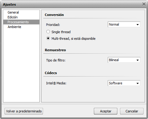 Ventana de ajustes. Pestaña Procesamiento
