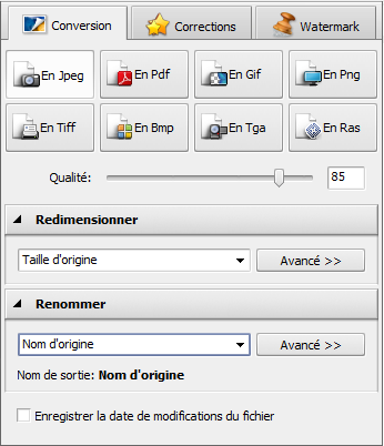 Zone de travail - Onglet Conversion