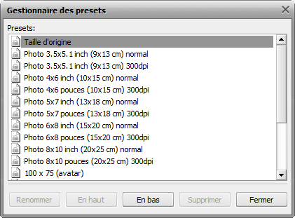 fenêtre Gestionnaire des presets