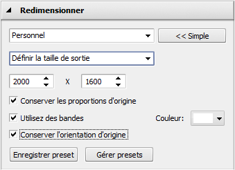 panneau Redimensionnement: Options avancées