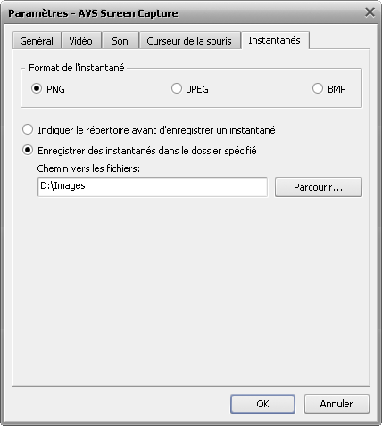 fenêtre Paramètres. Onglet Instantanés